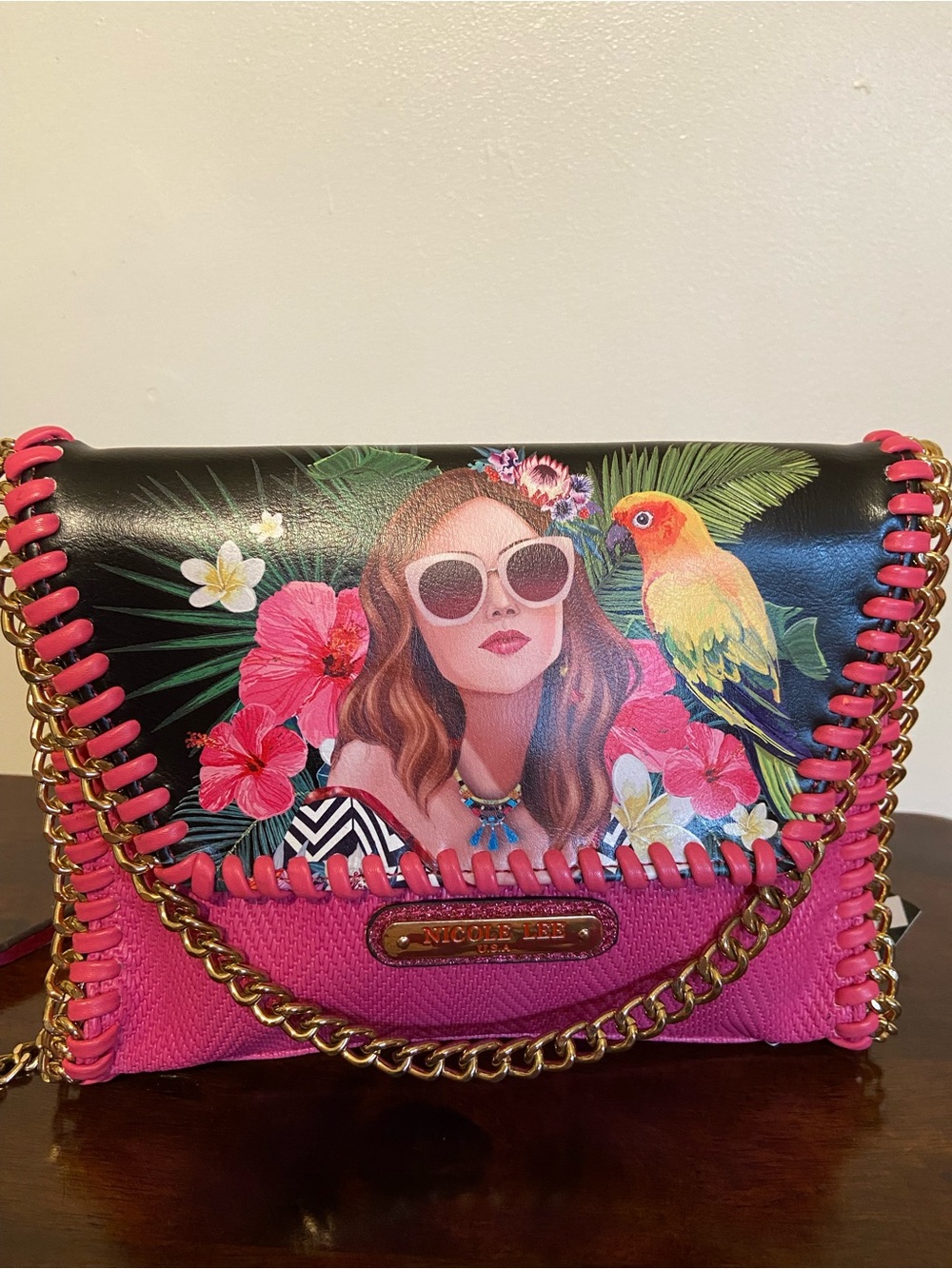 Nicole Lee Pink Parrot Tropical-Print Chain Crossbody Bag